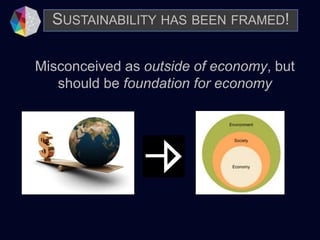 Misconceived as outside of economy, but
should be foundation for economy
SUSTAINABILITY HAS BEEN FRAMED!
 