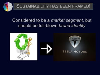 Considered to be a market segment, but
should be full-blown brand identity
SUSTAINABILITY HAS BEEN FRAMED!
 
