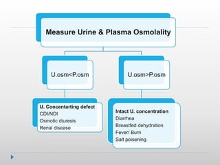 Measure Urine & Plasma Osmolality
U.osm<P.osm
U. Concentarting defect
CDI/NDI
Osmotic diuresis
Renal disease
U.osm>P.osm
Intact U. concentration
Diarrhea
Breastfed dehydration
Burn
/
Fever
Salt poisening
 