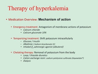 Therapy of hyperkalemia
• Medication Overview: Mechanism of action
• Emergency treatment: Antagonism of membrane actions of potassium
• Calcium chloride
• Calcium gluconate 10%
• Temporizing treatment: Shift potassium intracellularly
• Glucose / insulin
• Alkalinize ( Sodium bicarbonate IV)
• Inhaled 2 adrenergic agonist (albuterol)
• Chelating therapy: Removal of potassium from the body
• Loop / thiazide diuretics
• Cation exchange resin: sodium polstyrene sulfonate (Kayexelate®)
• Dialysis
 