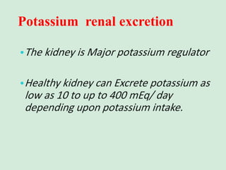 Potassium renal excretion
•The kidney is Major potassium regulator
•Healthy kidney can Excrete potassium as
low as 10 to up to 400 mEq/ day
depending upon potassium intake.
 