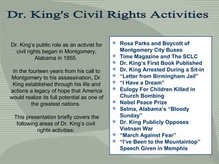 Dr. King's Civil Rights Activities Dr. King’s public role as an activist for civil rights began in Montgomery, Alabama in 1955.  In the fourteen years from his call to Montgomery to his assassination, Dr. King established through his life and actions a legacy of hope that America would realize its full potential as one of the greatest nations.  This presentation briefly covers the following areas of Dr. King’s civil  rights activities:  ,[object Object],[object Object],[object Object],[object Object],[object Object],[object Object],[object Object],[object Object],[object Object],[object Object],[object Object],[object Object]