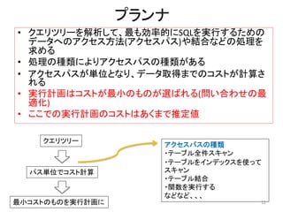 プランナ 
• クエリツリーを解析して、最も効率的にSQLを実行するための 
データへのアクセス方法(アクセスパス)や結合などの処理を 
求める 
• 処理の種類によりアクセスパスの種類がある 
• アクセスパスが単位となり、データ取得までのコストが計算さ 
れる 
• 実行計画はコストが最小のものが選ばれる(問い合わせの最 
適化) 
• ここでの実行計画のコストはあくまで推定値 
クエリツリー 
パス単位でコスト計算 
最小コストのものを実行計画に 
アクセスパスの種類 
・テーブル全件スキャン 
・テーブルをインデックスを使って 
スキャン 
・テーブル結合 
・関数を実行する 
などなど、、、 
12 
 