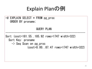 Explain Planの例 
=# EXPLAIN SELECT * FROM pg_proc 
ORDER BY proname; 
QUERY PLAN 
---------------------------------------------------- 
Sort (cost=181.55..185.92 rows=1747 width=322) 
Sort Key: proname 
-> Seq Scan on pg_proc 
(cost=0.00..87.47 rows=1747 width=322) 
20 
 