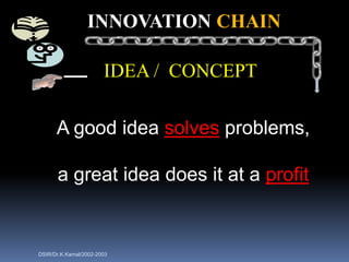 INNOVATION CHAIN

                       IDEA / CONCEPT

      A good idea solves problems,

      a great idea does it at a profit


DSIR/Dr.K.Kamal/2002-2003
 