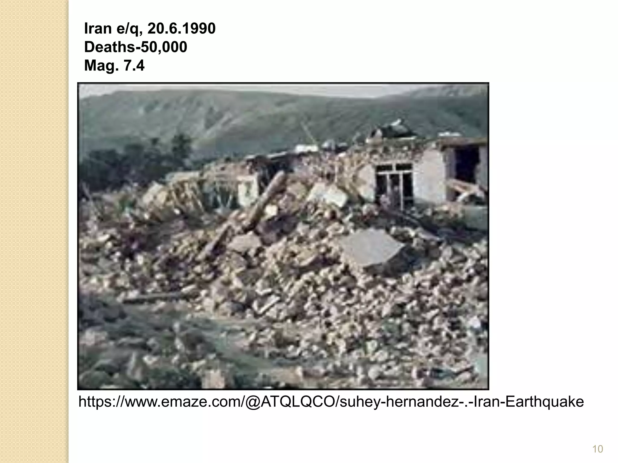 Iran e/q, 20.6.1990
Deaths-50,000
Mag. 7.4
10
https://www.emaze.com/@ATQLQCO/suhey-hernandez-.-Iran-Earthquake
 