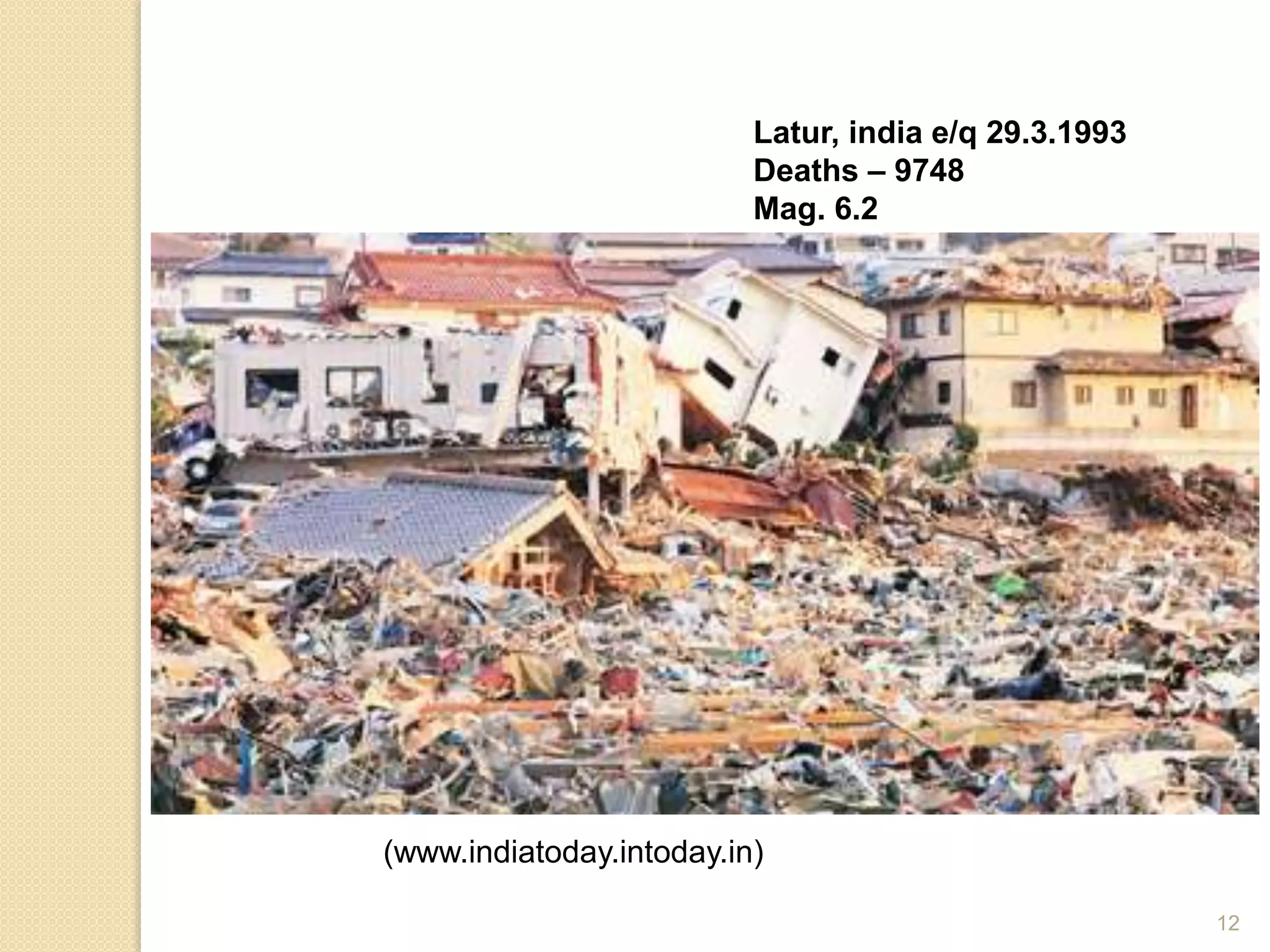 Latur, india e/q 29.3.1993
Deaths – 9748
Mag. 6.2
12
(www.indiatoday.intoday.in)
 