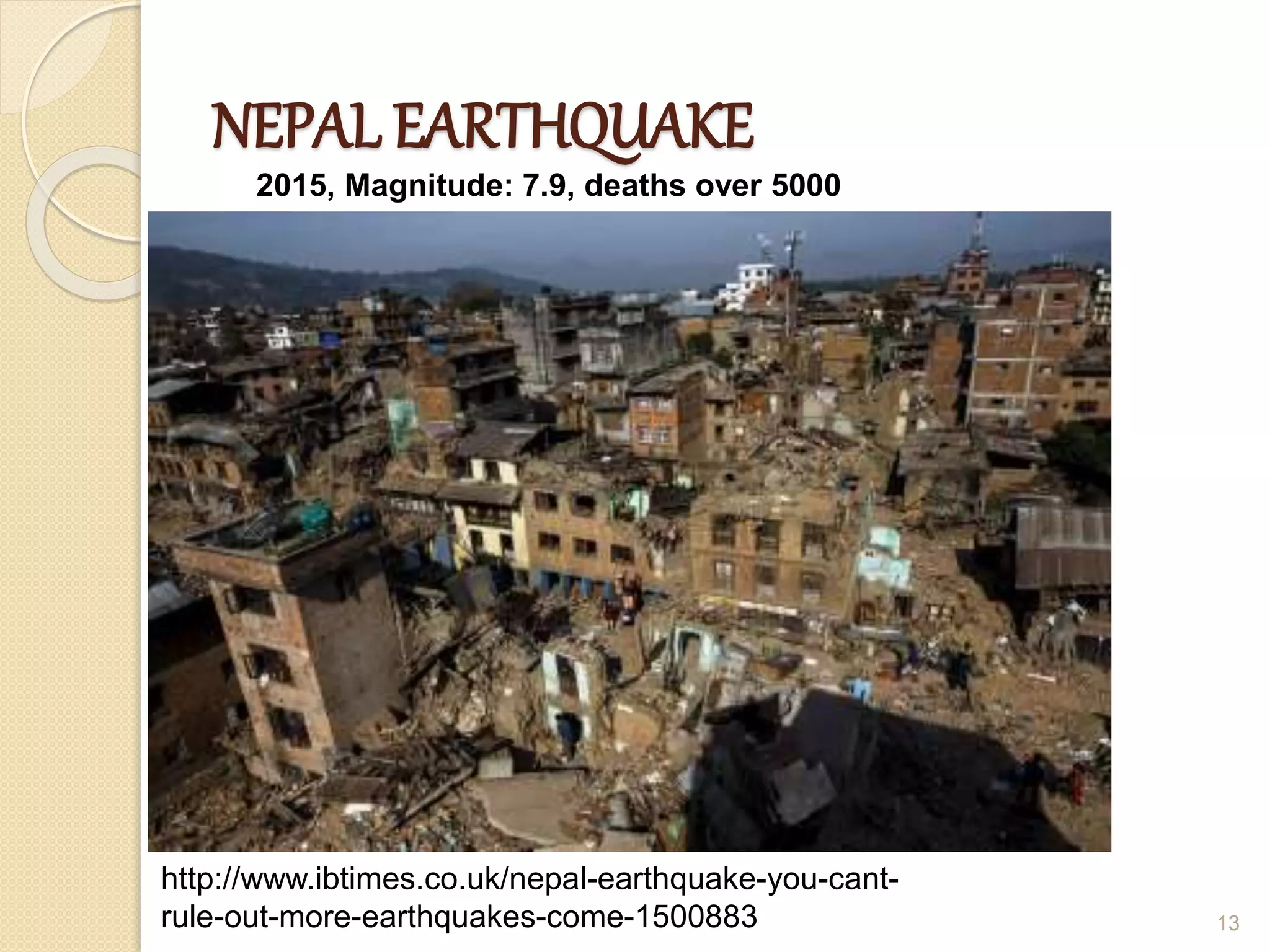 NEPAL EARTHQUAKE
13
2015, Magnitude: 7.9, deaths over 5000
http://www.ibtimes.co.uk/nepal-earthquake-you-cant-
rule-out-more-earthquakes-come-1500883
 