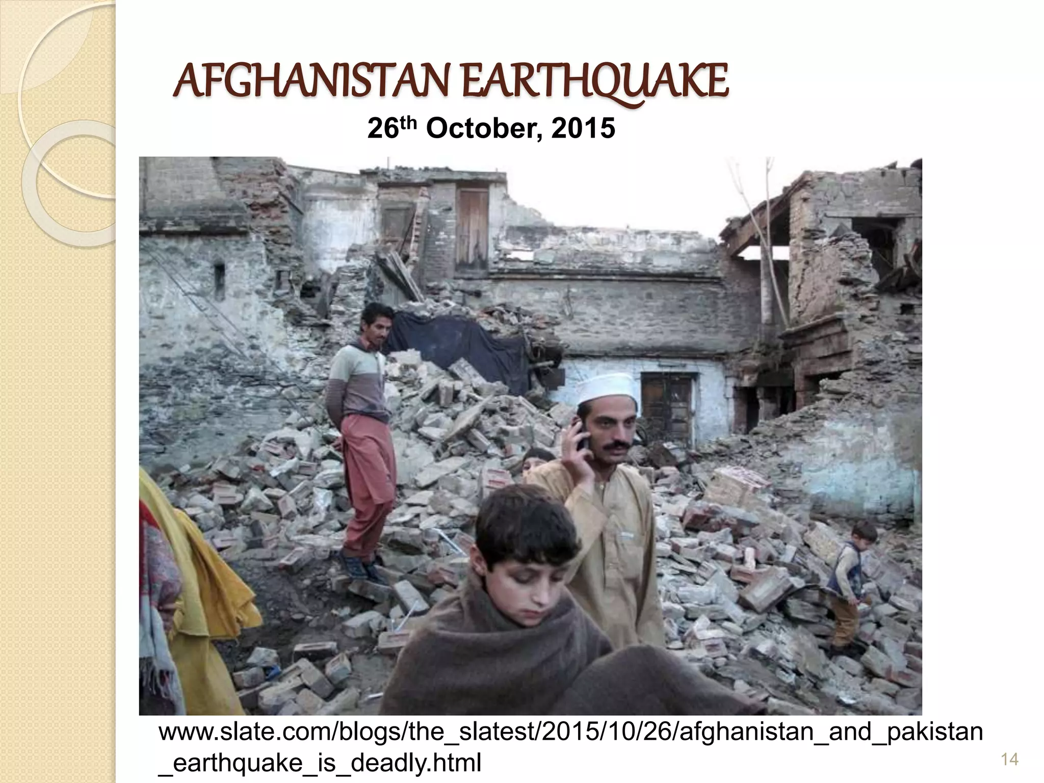 AFGHANISTAN EARTHQUAKE
14
26th October, 2015
www.slate.com/blogs/the_slatest/2015/10/26/afghanistan_and_pakistan
_earthquake_is_deadly.html
 