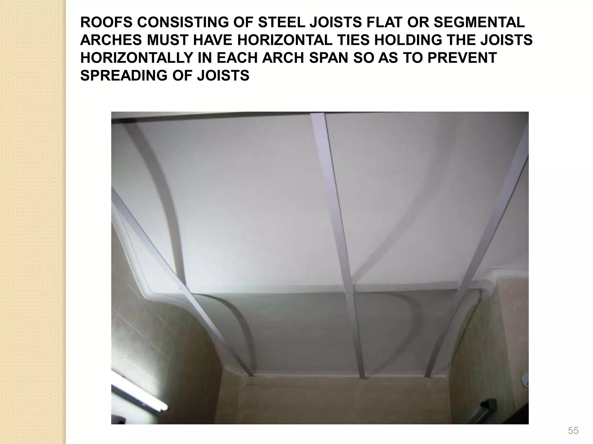 ROOFS CONSISTING OF STEEL JOISTS FLAT OR SEGMENTAL
ARCHES MUST HAVE HORIZONTAL TIES HOLDING THE JOISTS
HORIZONTALLY IN EACH ARCH SPAN SO AS TO PREVENT
SPREADING OF JOISTS
55
 