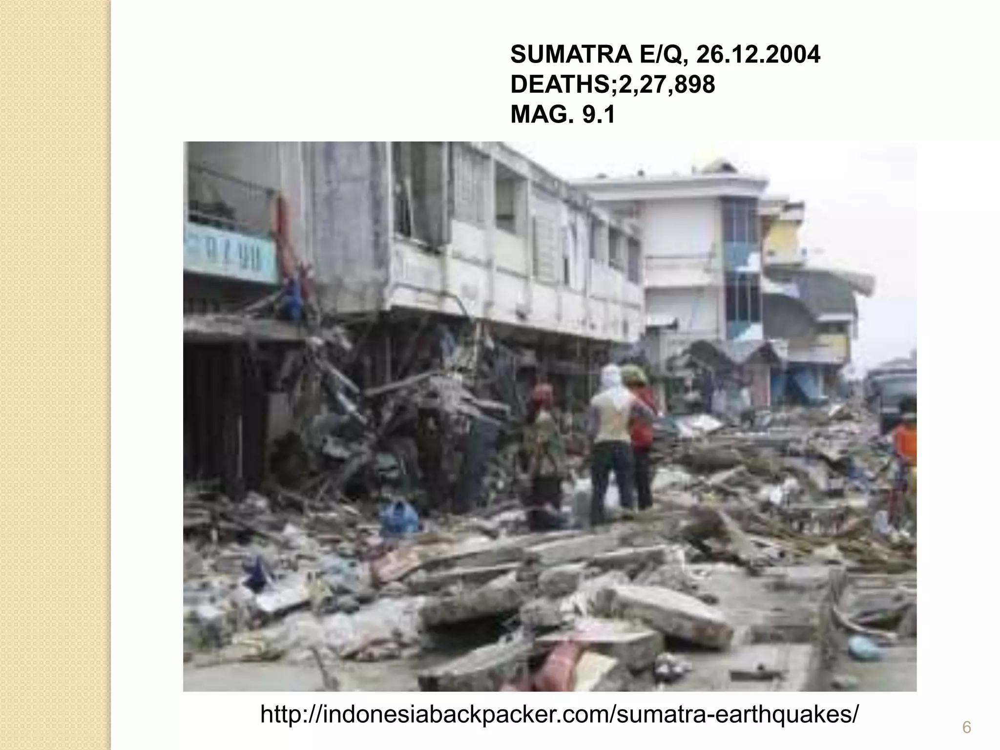 SUMATRA E/Q, 26.12.2004
DEATHS;2,27,898
MAG. 9.1
6
http://indonesiabackpacker.com/sumatra-earthquakes/
 