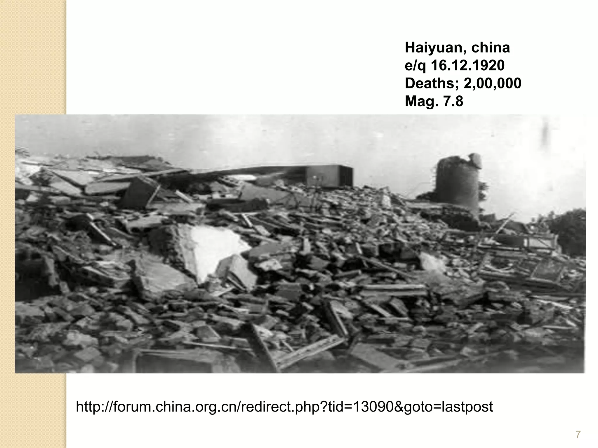 Haiyuan, china
e/q 16.12.1920
Deaths; 2,00,000
Mag. 7.8
7
http://forum.china.org.cn/redirect.php?tid=13090&goto=lastpost
 