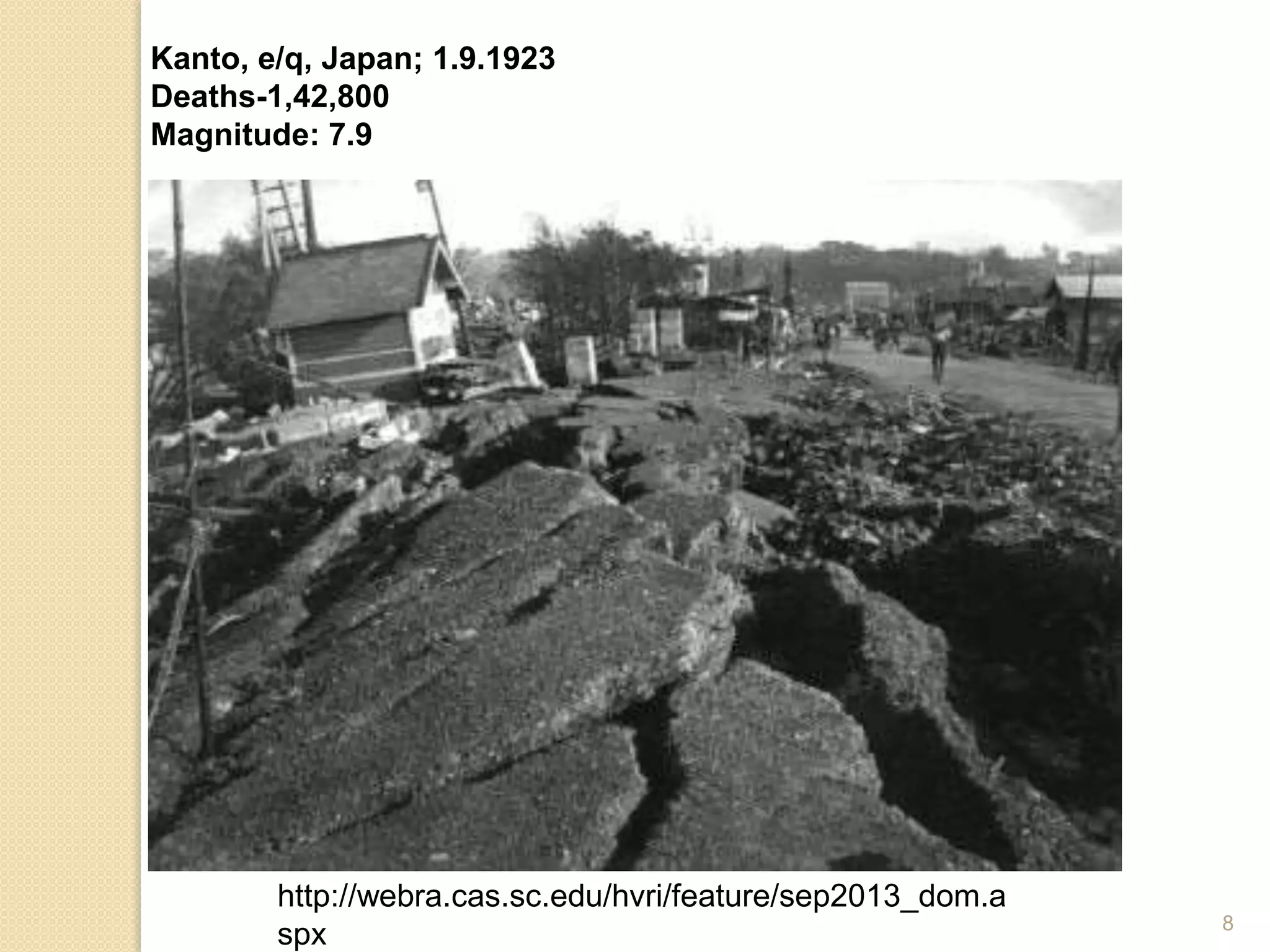 Kanto, e/q, Japan; 1.9.1923
Deaths-1,42,800
Magnitude: 7.9
8
http://webra.cas.sc.edu/hvri/feature/sep2013_dom.a
spx
 
