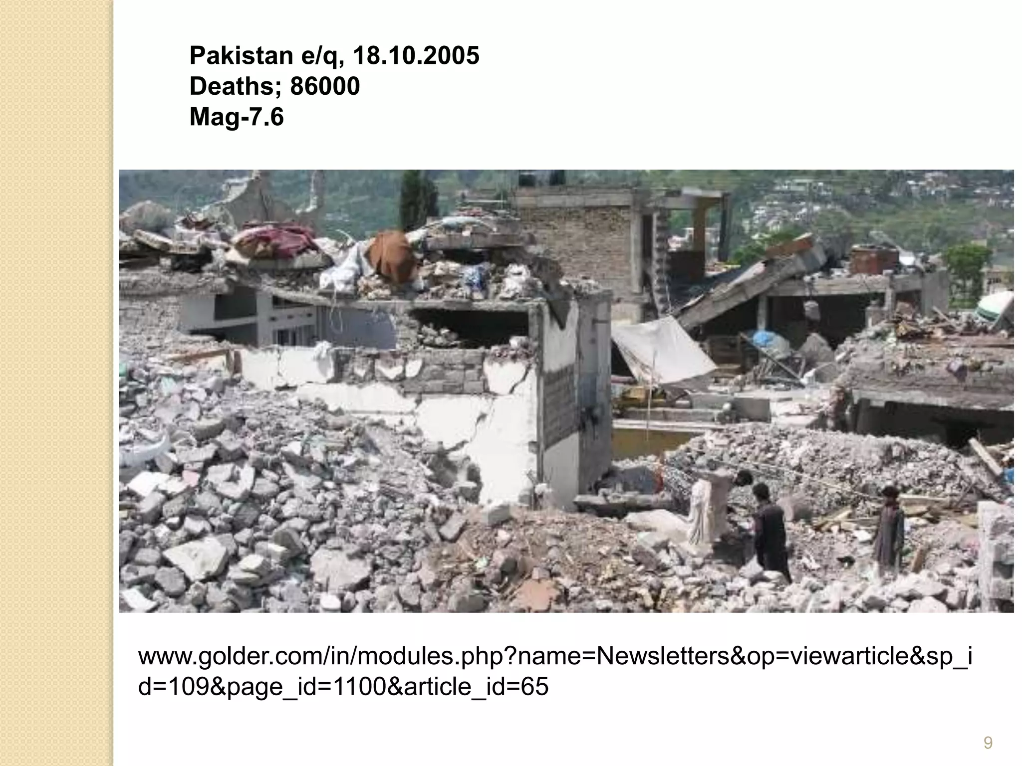 Pakistan e/q, 18.10.2005
Deaths; 86000
Mag-7.6
9
www.golder.com/in/modules.php?name=Newsletters&op=viewarticle&sp_i
d=109&page_id=1100&article_id=65
 