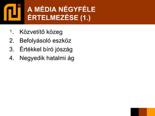 A MÉDIA NÉGYFÉLE  ÉRTELMEZÉSE (1.)‏ Közvetítő közeg Befolyásoló eszköz Értékkel bíró jószág Negyedik hatalmi ág 