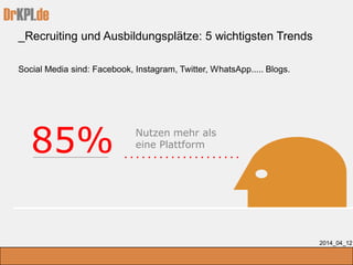DrKPI.de
_Recruiting und Ausbildungsplätze: 5 wichtigsten Trends
2014_04_12
Social Media sind: Facebook, Instagram, Twitter, WhatsApp..... Blogs.
85% Nutzen mehr als
eine Plattform
 
