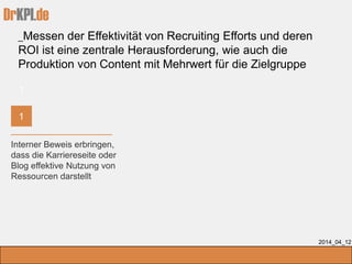 DrKPI.de
_Messen der Effektivität von Recruiting Efforts und deren
ROI ist eine zentrale Herausforderung, wie auch die
Produktion von Content mit Mehrwert für die Zielgruppe
2014_04_12
Interner Beweis erbringen,
dass die Karriereseite oder
Blog effektive Nutzung von
Ressourcen darstellt
1
1
 