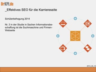 DrKPI.de
_Effektives SEO für die Karriereseite
2014_04_12
Schülerbefragung 2014
Nr. 3 in der Studie in Sachen Informationsbe-
schaffung ist die Suchmaschine und Firmen-
Webseite
 