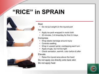 © Business & Legal Reports, Inc. 1110
“RICE” in SPRAIN
Rest
• Do not put weight on the injured part
Ice
• Apply ice pack wrapped in moist cloth
• 20 minutes, 3-4 times/day for first 2-3 days
Compress
• Wrap elastic bandage around injury
• Controls swelling
• Wrap in upward spiral, overlapping each turn
• Apply snugly, but not too tight
• Check sensation, warmth, color before & after
Elevate
• Raise the injured area above the heart
Do not apply ice directly onto bare skin
Do not apply heat
 