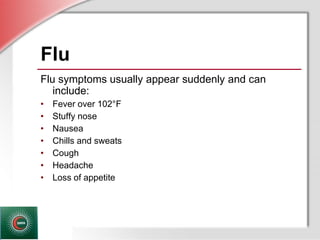 © Business & Legal Reports, Inc. 1110
Flu
Flu symptoms usually appear suddenly and can
include:
• Fever over 102°F
• Stuffy nose
• Nausea
• Chills and sweats
• Cough
• Headache
• Loss of appetite
 