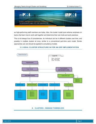 Managing Talents through Clusters and Socializing Dr. Krishna Kumar T. I.
July 8, 2013 Page 5
as high-performing staff members are today. Also, the cluster model puts extreme emphasis on
teams that learn how to work well together and determine their own tools and work practices.
This is not always true of consultancies. An individual can be in different clusters over time, and
possibly in multiple clusters at once, similar to a conventional part-time work model. Similar
approaches can and should be applied to consultancy models.
3.3. IDEAL CLUSTER STRUCTURE IN FOR AN ERP IMPLEMENTATION
4. CLUSTERS – MANAGE THEMSELVES
 