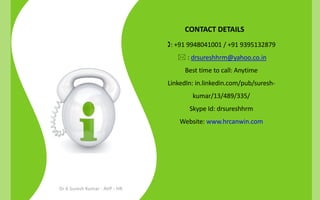 CONTACT DETAILS
: +91 9948041001 / +91 9395132879
 : drsureshhrm@yahoo.co.in
Best time to call: Anytime
LinkedIn: in.linkedin.com/pub/sureshkumar/13/489/335/
Skype Id: drsureshhrm
Website: www.hrcanwin.com

Dr K Suresh Kumar - AVP - HR

 