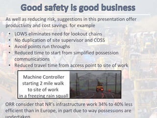 • LOWS eliminates need for lookout chains
• No duplication of site supervisor and COSS
• Avoid points run throughs
• Reduced time to start from simplified possession 
communications
• Reduced travel time from access point to site of work
As well as reducing risk, suggestions in this presentation offer
productivity and cost savings. for example
Machine Controller
starting 2 mile walk 
to site of work 
in a freezing rain squall
ORR consider that NR’s infrastructure work 34% to 40% less 
efficient than in Europe, in part due to way possessions are 
undertaken.
 