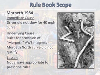 Underlying Cause
Rules for provision of  
“Morpeth” AWS magnets ‐
Morpeth North curve did not 
qualify
Lesson
Not always appropriate to 
prescribe rules
Morpeth 1984
Immediate Cause
Driver did not slow for 40 mph 
curve
 