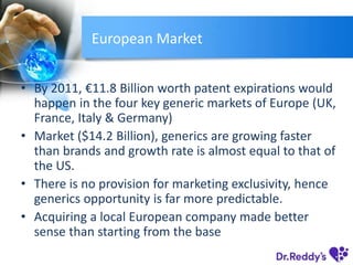 European Market
• By 2011, €11.8 Billion worth patent expirations would
happen in the four key generic markets of Europe (UK,
France, Italy & Germany)
• Market ($14.2 Billion), generics are growing faster
than brands and growth rate is almost equal to that of
the US.
• There is no provision for marketing exclusivity, hence
generics opportunity is far more predictable.
• Acquiring a local European company made better
sense than starting from the base
 