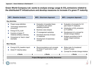 Value Chain (3 Phases)
                                                            Approach – Green Initiatives in Distributed IT


                                                            Green World Company Ltd. wants to analyze energy usage & CO2-emissions related to
                                                            the distributed IT infrastructure and develop measures to increase it’s green IT maturity.


                                                               WP1 – Baseline Analysis                       WP2 – Short-term Approach           WP3 – Long-term Approach

                                                             Key Activities

                                                                   Project scope definition                   Evaluation of possible Green         Evaluation of concepts for 3-5
                                                                                                              IT solutions and carbon              year Green IT measures
                                                                   Technology assessment                      offsetting schemes
                                                                   (inventory)                                                                     Introduction of CO2 emissions
                                                                                                              Business case analysis               to IT CAPEX
                                                                   Energy & CO2 audit
                                                                                                              IT-management workshop               Development of a concept for
                                                                   Inventory of green IT                                                           climate change initiative
                                                                   initiatives already underway               Prioritized short-list of Green
                                                                                                              IT measures                          Analysis according to the 4-
                                                                   Comparison to “best in class”                                                   worlds integral business
                                                                   examples                                   Development of awareness             model
CEPIS_GREEN IT OPTIMIZATION PROJECT EXAMPLE_20111115.PPTX




                                                                                                              concept

                                                             Main Results

                                                                   Energy & CO2 baseline report               Recommendations and concepts         Rollout plan for broadened
                                                                                                              for Green IT quick-wins (1 year      Green IT scope
                                                                   Green IT maturity status                   horizon)
                                                                                                                                                   Concept for climate change initiative
                                                                               x Weeks                                    x Weeks                             x Weeks

                                                                                                        Project Management & Quality Assurance




                                                                                                                                                                                           © Detecon
                                                                                                                            –3–
 