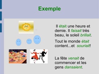 Exemple
Il était une heure et
demie. Il faisait très
beau, le soleil brillait.
Tout le monde était
content...et souriait!
La fête venait de
commencer et les
gens dansaient.
 