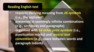 • requires deriving meaning from 26 symbols
(i.e., the alphabet)
• presented in seemingly infinite combinations
(e.g., sentences and paragraphs)
• organized with 14 other print symbols (i.e.,
punctuation marks) and several text
conventions (e.g., space between words and
paragraph indents
Reading English text
 