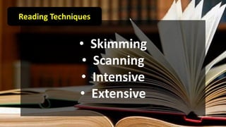 • Skimming
• Scanning
• Intensive
• Extensive
Reading Techniques
 