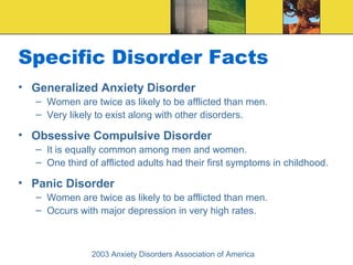 Specific Disorder Facts
• Generalized Anxiety Disorder
  – Women are twice as likely to be afflicted than men.
  – Very likely to exist along with other disorders.

• Obsessive Compulsive Disorder
  – It is equally common among men and women.
  – One third of afflicted adults had their first symptoms in childhood.

• Panic Disorder
  – Women are twice as likely to be afflicted than men.
  – Occurs with major depression in very high rates.



               2003 Anxiety Disorders Association of America
 