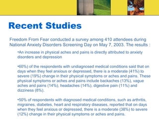 Recent Studies
Freedom From Fear conducted a survey among 410 attendees during
National Anxiety Disorders Screening Day on May 7, 2003. The results :
   •An increase in physical aches and pains is directly attributed to anxiety
   disorders and depression

   •60%) of the respondents with undiagnosed medical conditions said that on
   days when they feel anxious or depressed, there is a moderate (41%) to
   severe (19%) change in their physical symptoms or aches and pains. These
   physical symptoms or aches and pains include backaches (13%), vague
   aches and pains (14%), headaches (14%), digestive pain (11%) and
   dizziness (8%).

   •50% of respondents with diagnosed medical conditions, such as arthritis,
   migraines, diabetes, heart and respiratory diseases, reported that on days
   when they feel anxious or depressed, there is a moderate (38%) to severe
   (12%) change in their physical symptoms or aches and pains.
 