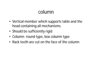 column
• Vertical member which supports table and the
head containing all mechanisms.
• Should be sufficiently rigid
• Column- round type, box column type
• Rack teeth are cut on the face of the column
 