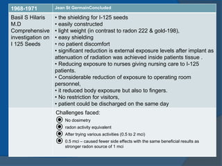 1968-1971 Jean St GermainConcluded
Basil S Hilaris
M.D
Comprehensive
investigation on
I 125 Seeds
• the shielding for I-125 seeds
• easily constructed
• light weight (in contrast to radon 222 & gold-198),
• easy shielding
• no patient discomfort
• significant reduction is external exposure levels after implant as
attenuation of radiation was achieved inside patients tissue .
• Reducing exposure to nurses giving nursing care to I-125
patients.
• Considerable reduction of exposure to operating room
personnel,
• it reduced body exposure but also to fingers.
• No restriction for visitors,
• patient could be discharged on the same day
Challenges faced:
⦿ No dosimetry
⦿ radon activity equivalent
⦿ After trying various activities (0.5 to 2 mci)
⦿ 0.5 mci – caused fewer side effects with the same beneficial results as
stronger radon source of 1 mci
 