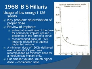 1968 B S Hillaris
Usage of low energy I-125
seeds
⦿ Key problem: determination of
proper dose
⦿ Review of implants:
⦿ arrived at an estimate of the dose
for permanent implant volume –
presented in the form of a curve
⦿ recommended dose for I-125
implants (dotted line) against
implanted volume
⦿ A minimum dose of 160Gy delivered
over a period of 1 year, was
recommended as minimum dose for
a medium size implant only.
⦿ For smaller volume- much higher
dose – considered safe.
 