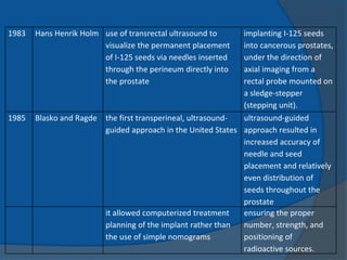 1983 Hans Henrik Holm use of transrectal ultrasound to
visualize the permanent placement
of I-125 seeds via needles inserted
through the perineum directly into
the prostate
implanting I-125 seeds
into cancerous prostates,
under the direction of
axial imaging from a
rectal probe mounted on
a sledge-stepper
(stepping unit).
1985 Blasko and Ragde the first transperineal, ultrasound-
guided approach in the United States
ultrasound-guided
approach resulted in
increased accuracy of
needle and seed
placement and relatively
even distribution of
seeds throughout the
prostate
it allowed computerized treatment
planning of the implant rather than
the use of simple nomograms
ensuring the proper
number, strength, and
positioning of
radioactive sources.
 