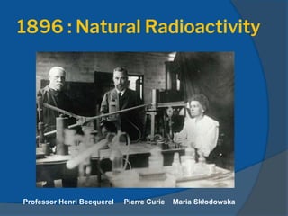 1896 : Natural Radioactivity
Professor Henri Becquerel Pierre Curie Maria Skłodowska
 