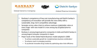 • Ranbaxy’s competency of low cost manufacturing and Daiichi Sankyo’s
competency of innovation will provide the new entity with a
sustainable, long- term competitive advantage.
• Synergies across value chain to achieve maximum stakeholder value at
every stage- with new model it is now among top 20 global pharma
companies
• Ranbaxy is among largest generics companies in India and Daiichi Sankyo is
among largest innovator companies in Japan
• Major Goals of the Global Hybrid Business model adopted in 2008:
– To achieve sustainable growth by ‘complementary business combination’
– To enhance reach in emerging countries
– To accelerate innovative drug creation by optimizing value chain efficiency
 