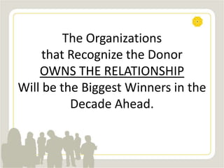 The Organizations
that Recognize the Donor
OWNS THE RELATIONSHIP
Will be the Biggest Winners in the
Decade Ahead.
 