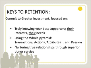 KEYS TO RETENTION:
Commit to Greater investment, focused on:
• Truly knowing your best supporters; their
interests, their needs
• Using the Whole pyramid:
Transactions, Actions, Attributes … and Passion
• Nurturing true relationships through superior
donor service
 