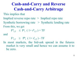 11
Cash-and-Carry and Reverse
Cash-and-Carry Arbitrage
This implies that
Implied reverse repo rate > Implied repo rate
Synthetic borrowing rate > Synthetic lending rate
From this, we get
Fb
t,T  Pa
t ( 1+ rb
t,T ) + TF
and
Fa
t,T  Pb
t ( 1+ rl
t,T ) - TF
In most markets, the bid-ask spread in the futures
market is very small and hence we can assume it to
be zero.
 