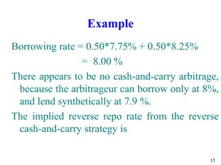 15
Example
Borrowing rate = 0.50*7.75% + 0.50*8.25%
= 8.00 %
There appears to be no cash-and-carry arbitrage,
because the arbitrageur can borrow only at 8%,
and lend synthetically at 7.9 %.
The implied reverse repo rate from the reverse
cash-and-carry strategy is
 