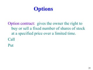 25
Option contract: gives the owner the right to
buy or sell a fixed number of shares of stock
at a specified price over a limited time.
Call
Put
Options
 