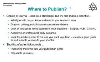 ▪ Choice of journal – can be a challenge, but try and make a shortlist…
▪ What journals do you know and read in your research area
▪ Draw on colleagues/collaborators recommendations
▪ Look at databases listing journals in your discipline – Scopus, NCBI, CINAHL
▪ Academic or professional body guidance
▪ Look for articles similar to the one you want to publish – usually a good guide
to add suitable journals to your shortlist
▪ Shortlist of potential journals…
▪ Publishing there will fulfil your publication goals
▪ Reputable journal(s)
Where to Publish? 1
 