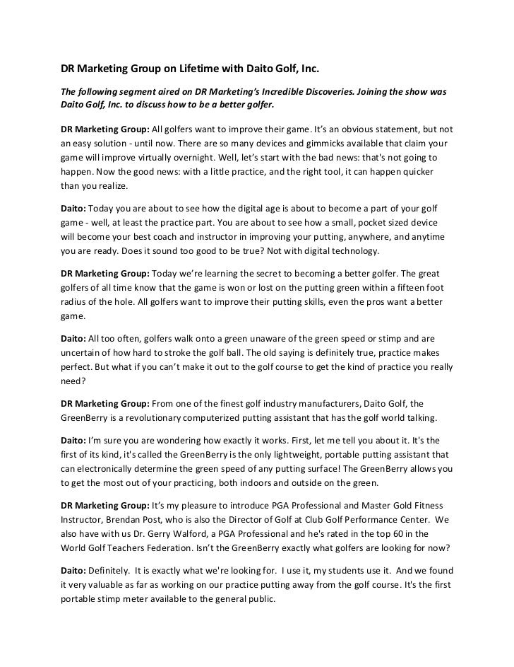 Dr marketing group on lifetime with daito golf, inc.