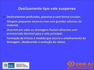 Deslizamento tipo vale suspenso

• Deslizamentos profundos, planares e com forma circular;
• Atingem pequenos alcances mas com grandes volumes de
  material;
• Ocorrem em vales ou drenagens fluviais afluentes com
  pronunciado desnível para o vale principal;
• Formação de trincas à medida que ocorre o entalhamento da
  drenagem, obedecendo à evolução do relevo.
 