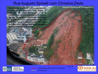 Rua Augusto Spinelli com Christina Ziede
Deslizamento planar em solo posicionado em                               Vistoria Preliminar Emergencial
encosta de alta inclinação, onde houve a
destruição de várias residências,        vias e
estruturas dos prédios posicionados na base da
encosta. Há residências localizadas nas laterais
e na base da cicatriz do escorregamento, que
estão em risco iminente, bem como do prédio
que apresenta comprometimento estrutural,
conforme verificação de campo.




                                                                                Foto: 124 JJ
                                     Delimitação preliminar de risco iminente
                                     Em Discussão
 